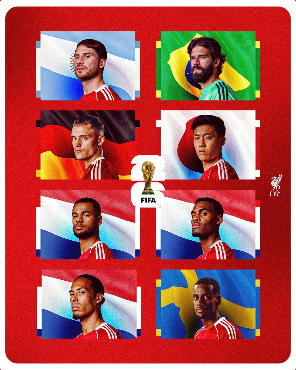 bobotohkopites_'s tweet photo. 🌎 Liverpool akan diwakili oleh 8 pemain di Piala Dunia 2026.

🇦🇷 Mac Allister
🇧🇷 Alisson
🇩🇪 Wirtz
🇯🇵 Endo
🇳🇱 Gakpo
🇳🇱 Gravenberch
🇳🇱 Van Dijk
🇸🇪 Isak

The Reds are everywhere. 🔴✨ https://t.co/vS1sZkDQsO