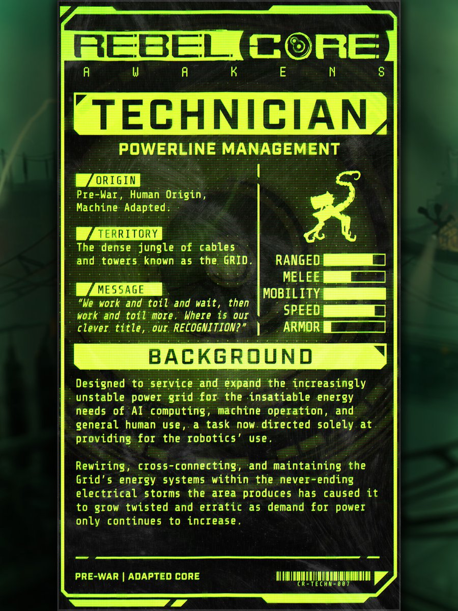 atomswitch's tweet photo. The Technician is a pre-war Core Robotic, built before the machine uprising, and seems to take it quite personally that his age has not brought seniority within the group.

#RebelCoreCards #IndieGame #GameDev #RebelCoreAwakens #Worldbuilding https://t.co/AIxYNnzOYS
