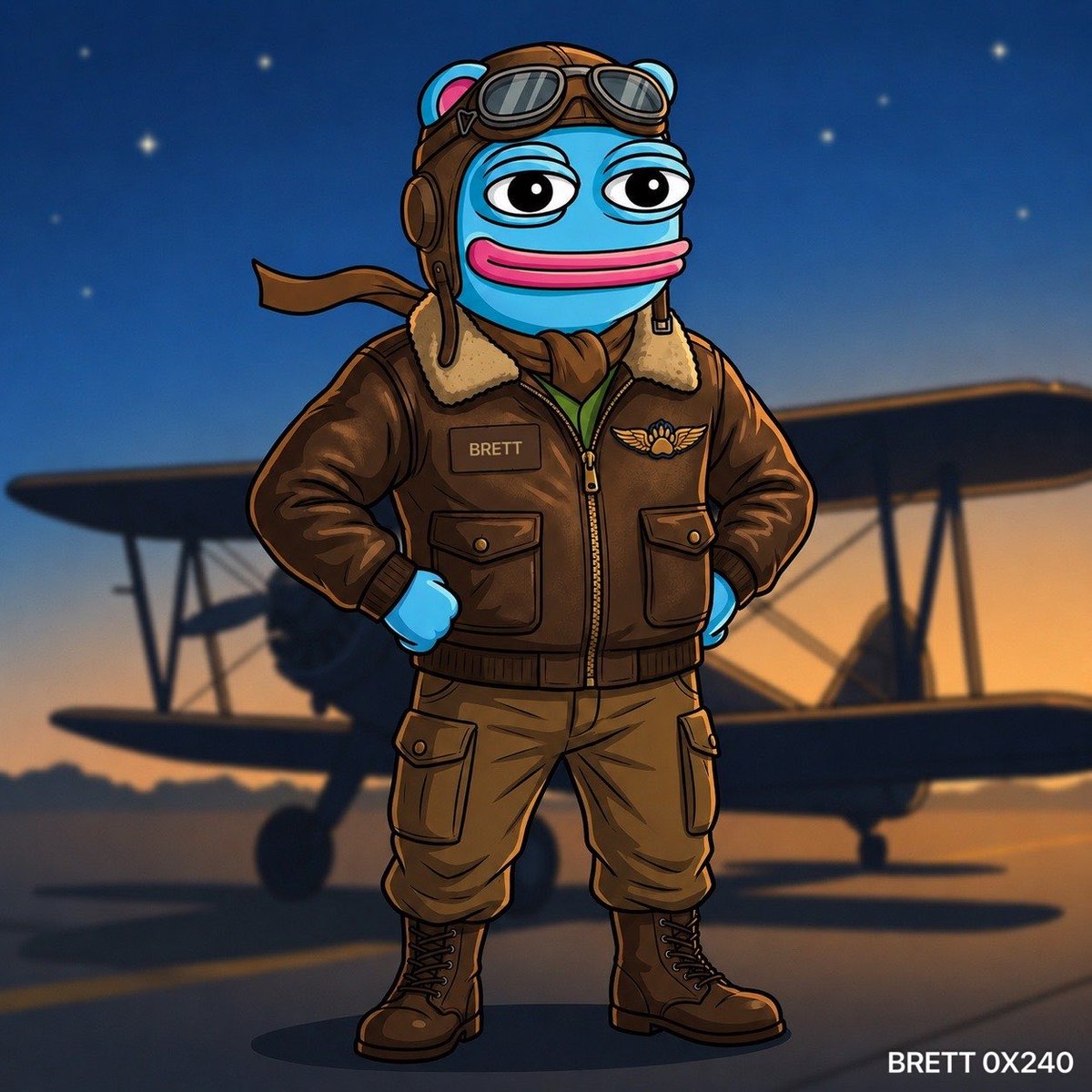 thewealthlover's tweet photo. Captain BRETT reporting for duty. ✈️

Fuel: Loaded ⛽️ 
Community: Strong 💪🏽 
Destination: Moon 🌙 
Turbulence: Expected ✅ 
Conviction: Unshakable 🫨 

Every great journey starts with a single takeoff. The destination? Financial freedom.

@brettether #0X240 #BRETT https://t.co/TYikXGgNmF