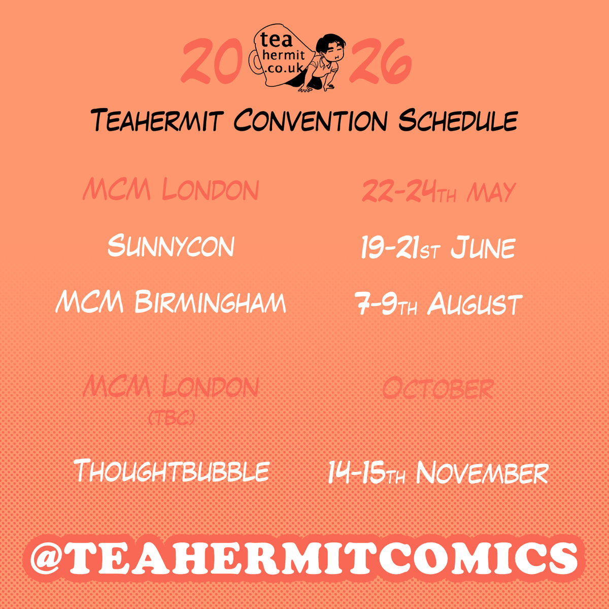 TeahermitComics's tweet photo. In two weeks I'll be at Sunnycon in Newcastle! Then just over a month later I'll be back in Birmingham for another MCM at the NEC!  So get ready for me to yell about all the new teastained prints and coasters I've got coming for ya over the next few weeks hahahaha~! https://t.co/FhdKwDU8NB