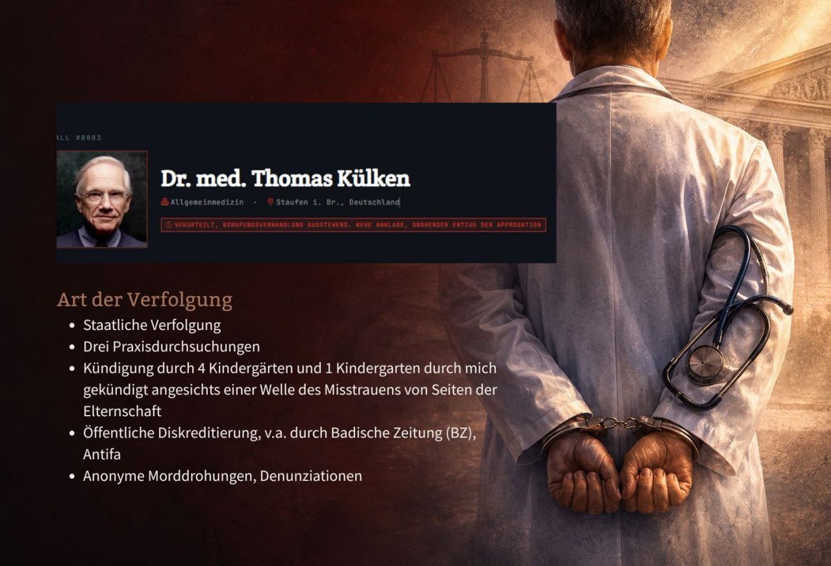 verein_wir's tweet photo. Dr. med. Thomas Külken
Allgemeine  Medizin, FMH  | Staufen https://t.co/g7NistCF9y DE
🔴FALL #0003
ÄRZTE MIT GEWISSEN DOKUMENTIERT
 
Was ist tatsächlich passiert?
Ich habe alle 16 Patienten persönlich untersucht und die Atteste auf Grundlage gesundheitlicher Störungen (u.a. COPD, Asthma, Angststörungen) und/oder Anamnese (Hyperkapnie-Syndrom, Angst‑ und Stressreaktionen) ausgestellt. In allen Fällen befand ich das verordnungsgemäße Tragen einer Maske aus gesundheitlichen Gründen als nicht zumutbar.

Mehr zum Fall:
🔎 Fallbericht
🎙 Aussagen des Arztes
📄 Auswirkungen
⚖️ Chronologie des Verfahrens

➡️ Vollständige Dokumentation: 
https://t.co/jg2fyK59RX

Aus Einzelfällen entsteht ein Muster. ☝🏻Schau hin!

🔴Ärzte mit Gewissen 🔴 https://t.co/lGHlNgHg5Y

@Mwgfd_official @BoschimoDr @Kalckerofficial       @DrHockertz @SHomburg @WaltiSiegrist @wodarg    @dieMutaerzte @w_mitarbeiter @SecKennedy @Chuppachupp17 @m_matuschek @tomregenauer    @ElliotStabler92