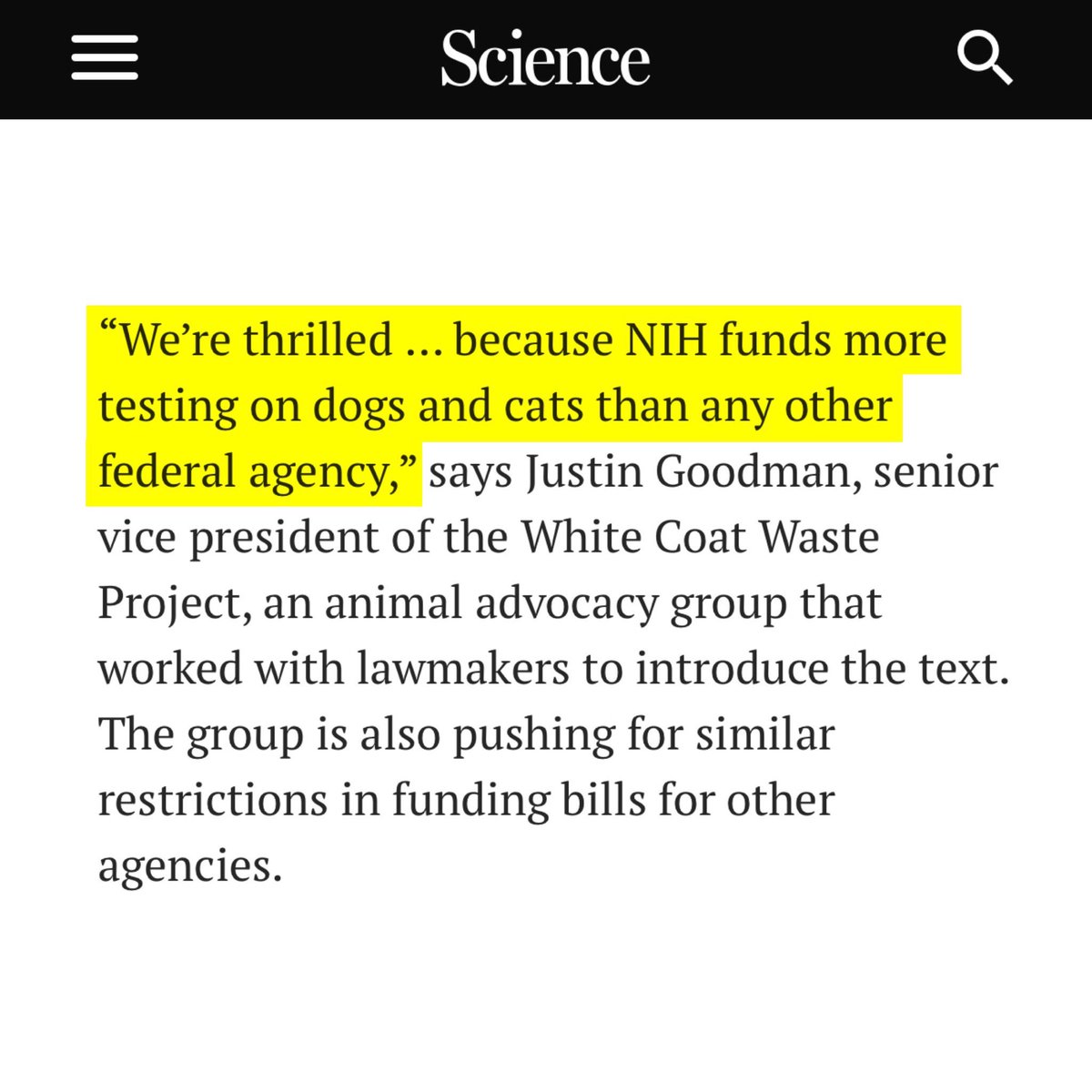 WhiteCoatWaste's tweet photo. BREAKING:

Congress is about to advance a ban on NIH funding for “painful” dog and cat experiments.

This is the most impactful legislation for dogs and cats EVER.

We helped get this funding ban into the 2027 NIH spending bill, which a pro-animal-testing lobbyist just called “the strongest language I’ve seen in my years tracking this stuff that’s made it this far.”

WCW Senior VP Justin Goodman summed up why this is such a big deal:

“NIH funds more testing on dogs and cats than any other federal agency.”

We’ve secured similar funding bans on dog and cat testing for other federal agencies—but this is an enormous first step to ending Fauci’s beagle and kitten labs.

@JustinRGoodman @jocelynkaiser