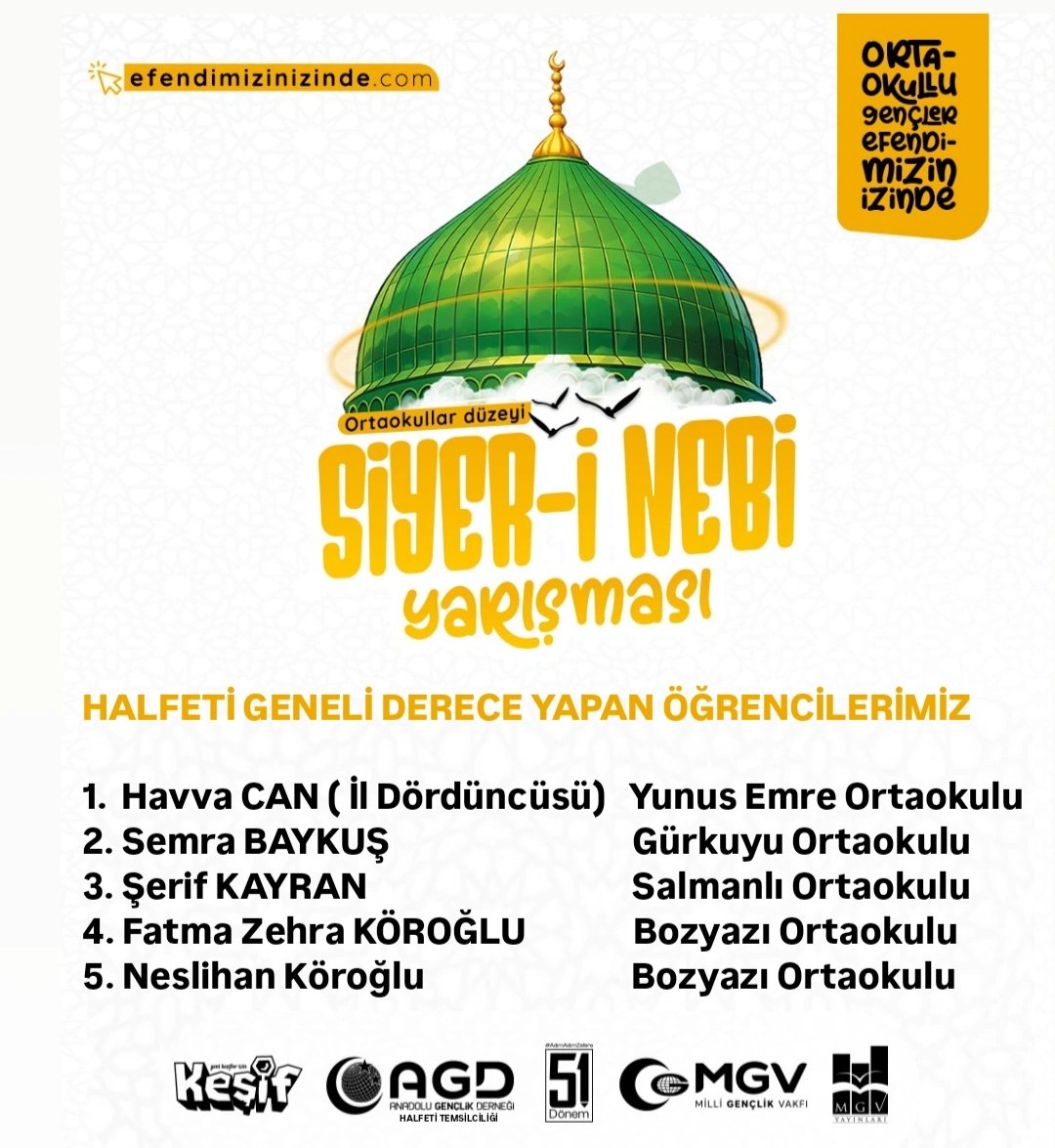 HalfetiAgd's tweet photo. Kaybedeni Olmayan Yarışma Ortaokullar Düzeyi Gençler Efendimizin İzinde Siyer-i Nebi Sınavı Halfeti ilçemizde Dereceye Giren Öğrencilerimiz . 👇

🖱️https://t.co/0Z7eAKyLn2

#GençlerEfendimizinİzinde

Not : En kısa sürede öğrencilerimize hediyeleri takdim edilecektir. https://t.co/yJzSI0sCax