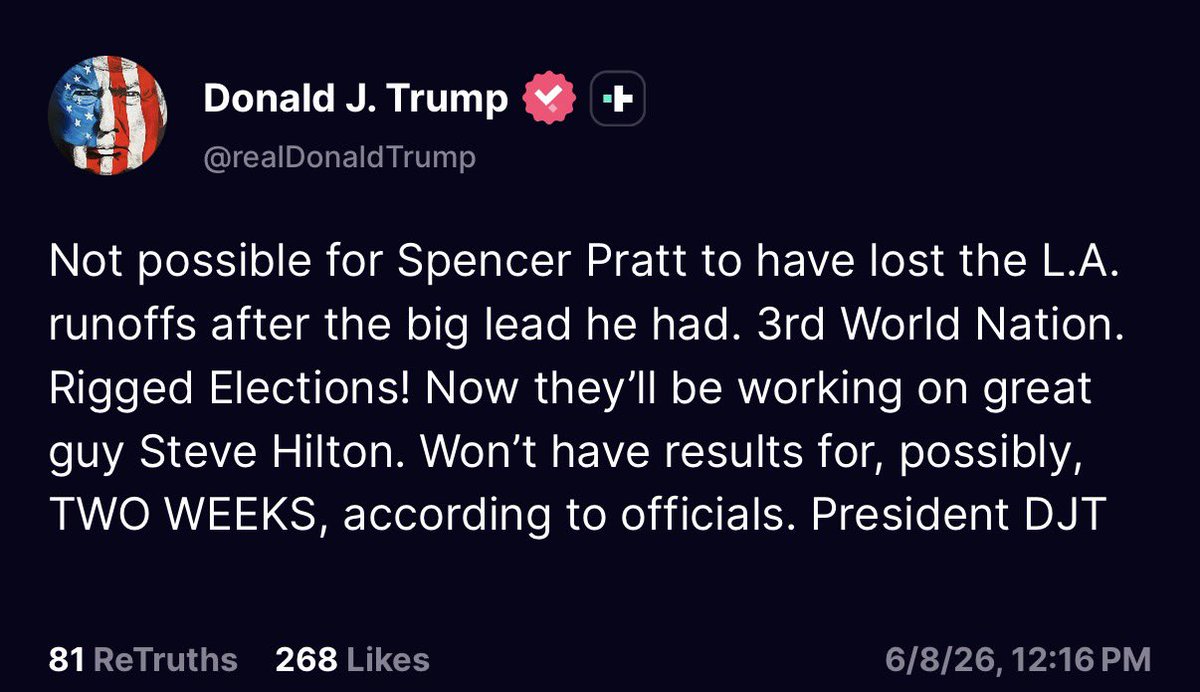 JayTC53's tweet photo. 🚨 President Trump defends Spencer Pratt against the California voter fraud! 

"Not possible for Spencer Pratt to have lost the L.A. runoffs after the big lead had" https://t.co/5QH5BEBTSg