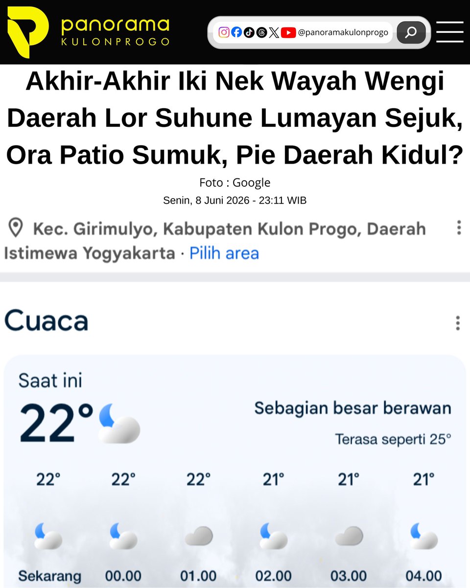 panoramaKP's tweet photo. ● Akhir-akhir iki nek wayah wengi Kulon Progo daerah lor suhune lumayan sejuk, ora patio sumuk. Pie nek Kulon Progo daerah tengah ro kidul?

● Foto : Google
● Lokasi : Kulon Progo, Yogyakarta.
#panoramakulonprogo
#kulonprogo
#jogja https://t.co/puVSLAtCbZ