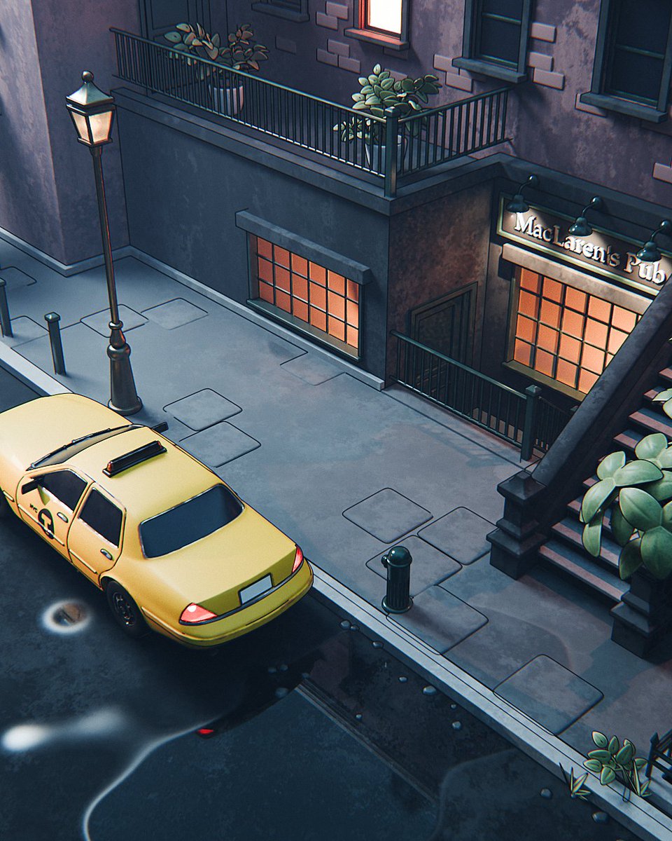 polygonrunway's tweet photo. This one started as a simple urge to do a nice NYC inspired illustration with a classic yellow cab. But why settle for a random NY street, when we can do a MacLaren's Pub right?

Download the Blender scene file on Patreon:
https://t.co/TfdVqi89Zg https://t.co/AQWHTIJ0xM
