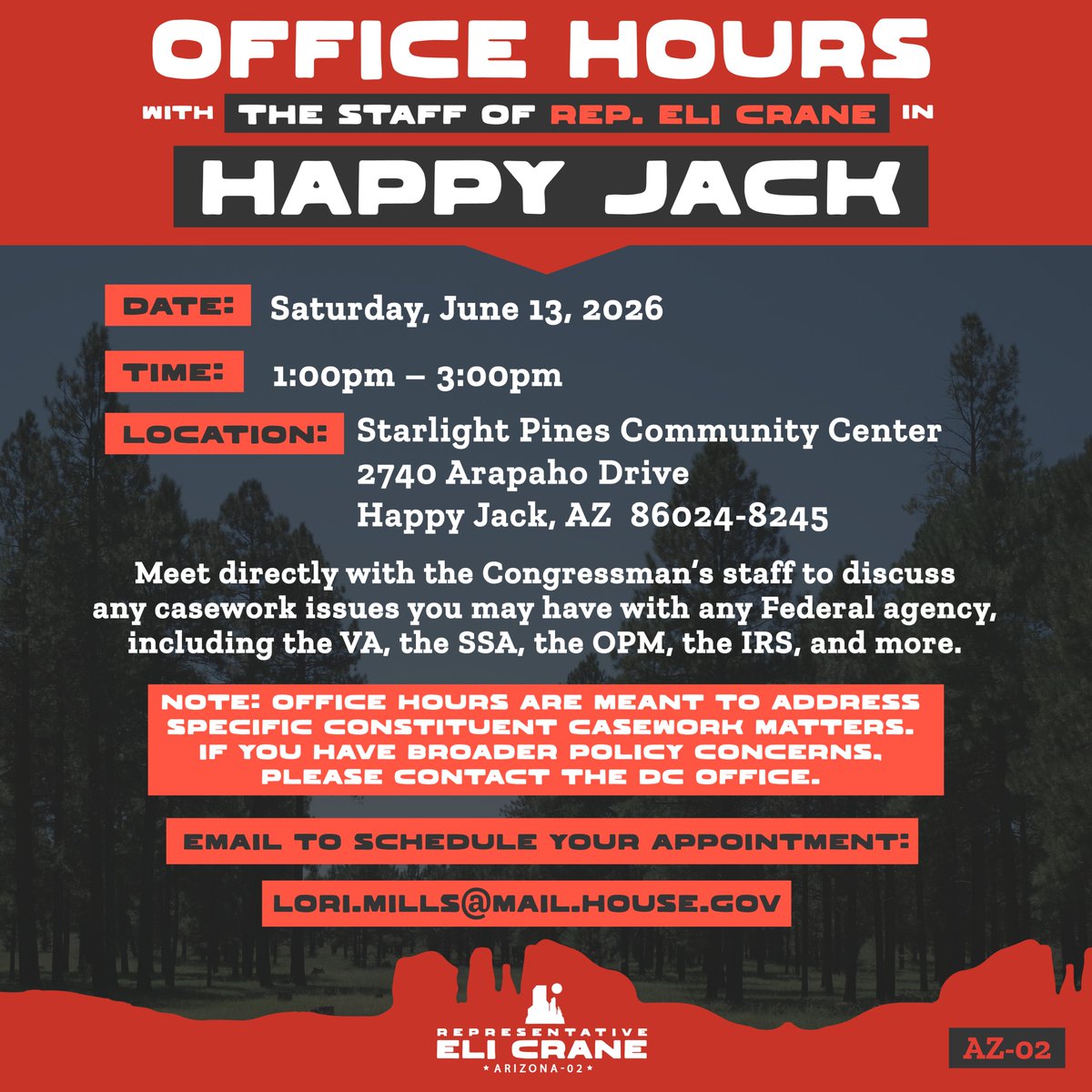 RepEliCrane's tweet photo. This week, my team will host mobile office hours in Holbrook and Happy Jack.

If you need assistance with federal casework, please contact my staff to schedule an appointment.

See below for details: https://t.co/UNuvXdwIRY