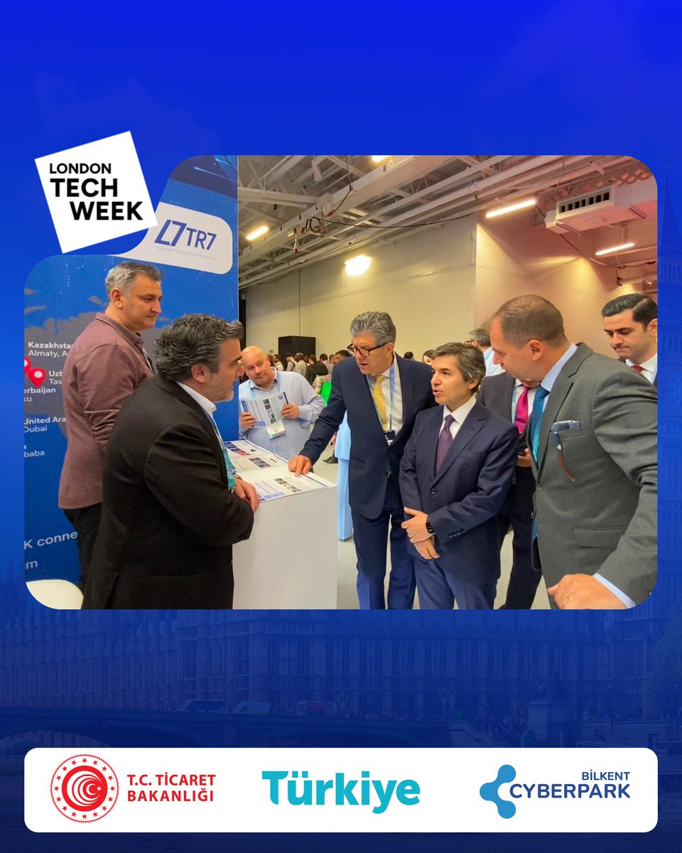 CyberparkTGB's tweet photo. 📍 London Tech Week 2026 | Birleşik Krallık, Londra

Bilkent CYBERPARK olarak, TR7 ve FMSS firmaları ile birlikte London Tech Week 2026’da yerimizi aldık.🇬🇧 

Etkinlik, Birleşik Krallık Başbakanı Sayın Keir Starmer’ın açılış konuşmasıyla başladı. Program kapsamında Türkiye Cumhuriyeti Londra Büyükelçisi Sayın Osman Koray Ertaş standımızı ziyaret ederek firmalarımızla bir araya geldi; teknoloji odaklı iş birliği fırsatları, uluslararası açılım stratejileri ve ekosistemler arası potansiyel ortaklık alanları üzerine verimli görüşmeler gerçekleştirildi.

London Tech Week boyunca yatırımcılar, teknoloji liderleri, girişimler ve iş ortaklarıyla bir araya gelerek yeni iş birlikleri geliştirmeyi, Türkiye’nin teknoloji kapasitesini ve Bilkent CYBERPARK ekosisteminin sunduğu fırsatları paylaşmayı hedefliyoruz.

Teknoloji ve inovasyon odağında uluslararası iş birliklerini güçlendirmek, yeni stratejik bağlantılar kurmak üzere standımızda sizleri ağırlamaktan memnuniyet duyarız.

📍 Stand: 70-03 ve Pod 16
📅 Tarih: 8–10 Haziran 2026
📌 Konum: Olympia London

@ticaret | @LDNTechWeek