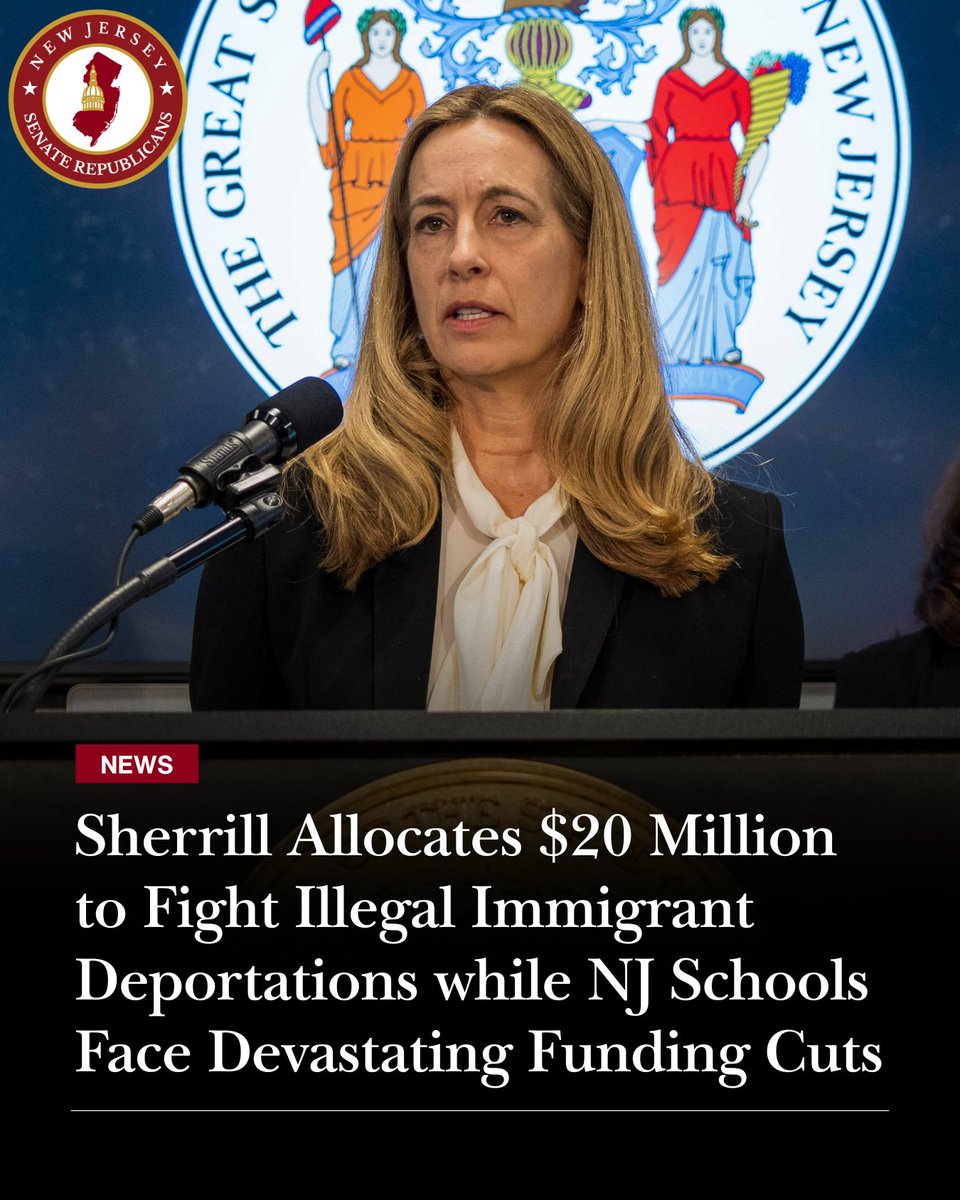 NJSenateGOP's tweet photo. Highest property taxes. Skyrocketing energy costs. Critical aid cuts decimating our schools.

🚨 And Gov. Sherrill is prioritizing illegal immigrants over our families and children.

We're actually fighting for affordability and putting taxpayers first this budget season. https://t.co/eLCDEph0ty