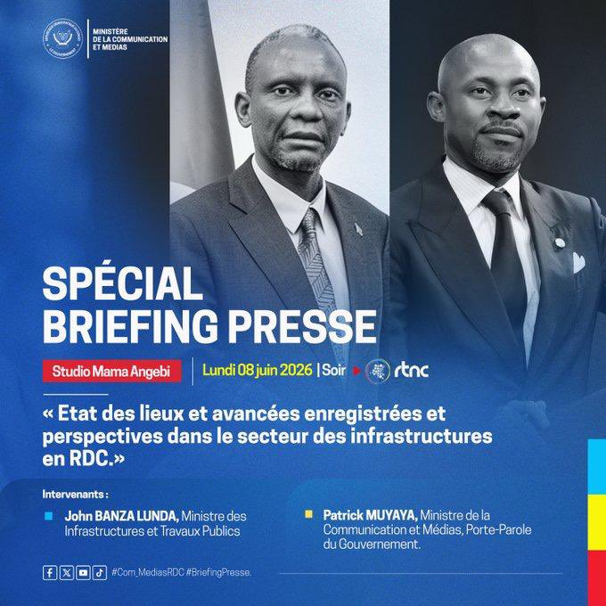 kamba82's tweet photo. 🇨🇩 Rendez-vous ce soir au Studio #Maman #Angebi pour un briefing spécial consacré à l’état des lieux, aux avancées enregistrées et aux perspectives du secteur des infrastructures en #RDC.

Avec la participation de #John #Banza #Lunda, Ministre des Infrastructures et Travaux Publics, et @PatrickMuyaya  Katembwe , Ministre de la Communication et Médias, Porte-parole du Gouvernement.