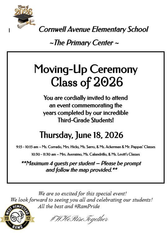 WH_Cornwell's tweet photo. Parent &amp; Families: You are cordially invited to attend an event commemorating the years completed by our incredible Third-Grade Students on Thursday, June 18th. Please see the attached flyer with additional information. https://t.co/Z6ON3eNusM
