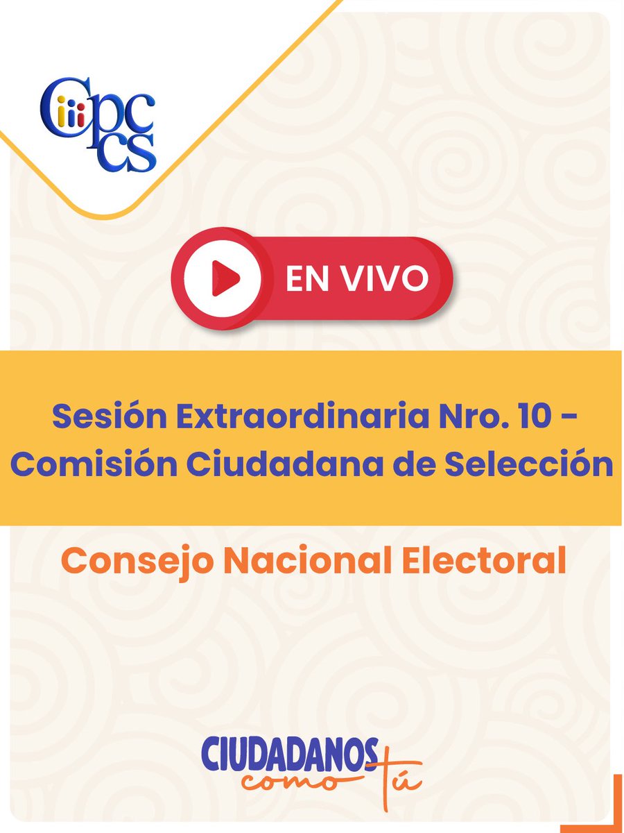 CpccsEc's tweet photo. 🔴 EN VIVO | Sesión Extraordinaria N° 010
Comisión Ciudadana de Selección para la Renovación Parcial del @cnegobec. 
📌 Resolución del informe de admisibilidad de catedráticos

Conéctate aquí 👇
🔗 https://t.co/h0nBa1eKoq https://t.co/Y6H7YsJzvx