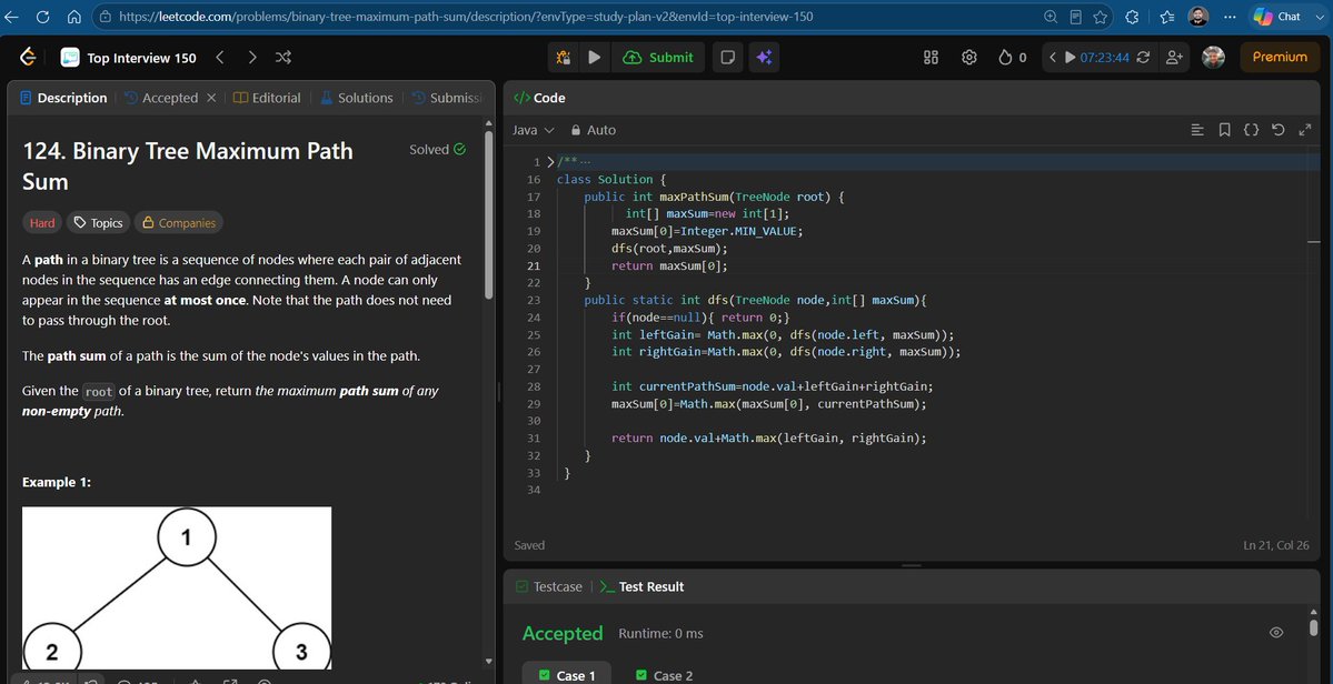 Ankitdotdev's tweet photo. Day 157/365 of the DSA grind! 
Exploiting tree structures today! 

• Binary Tree Max Path Sum (Hard): Used post-order DFS to track global maxes while returning single-path gains.

• BST Iterator: Paused an in-order traversal using a Stack for clean O(h) memory!

• Count Complete Tree Nodes: Skipped the full traversal. Compared left/right depths and used bitwise shifts (1 << height) for an instant count!

#DSA #Java #100DaysOfCode #LeetCode  #BinaryTrees