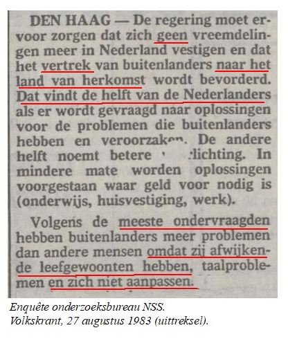 Gerard1945X's tweet photo. Terugblik.
Al in 1983 meldde de Volkskrant dat uit een enquête was gebleken dat de helft van de Nederlanders een vreemdelingenstop wilden en dat een remigratiebeleid bevorderd moest worden vanwege afwijkende leefgewoonten, etc van de buitenlanders. https://t.co/ISRN1BwINn