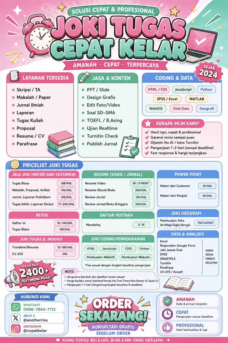 anotherrisa's tweet photo. open lagi yaaa, yang mau joki skripsi, TA, ppt, makalah, metopen, review jurnal, pengolahan data, open diskusi juga yaaa. all space ada tim pengerjaan cepat dan enggak asal”an. free revisi boleh tanya-tanya dulu💌🤍https://t.co/0Kmx1hrRVx
#zonauang #jokitugas https://t.co/F2WWN3baHf