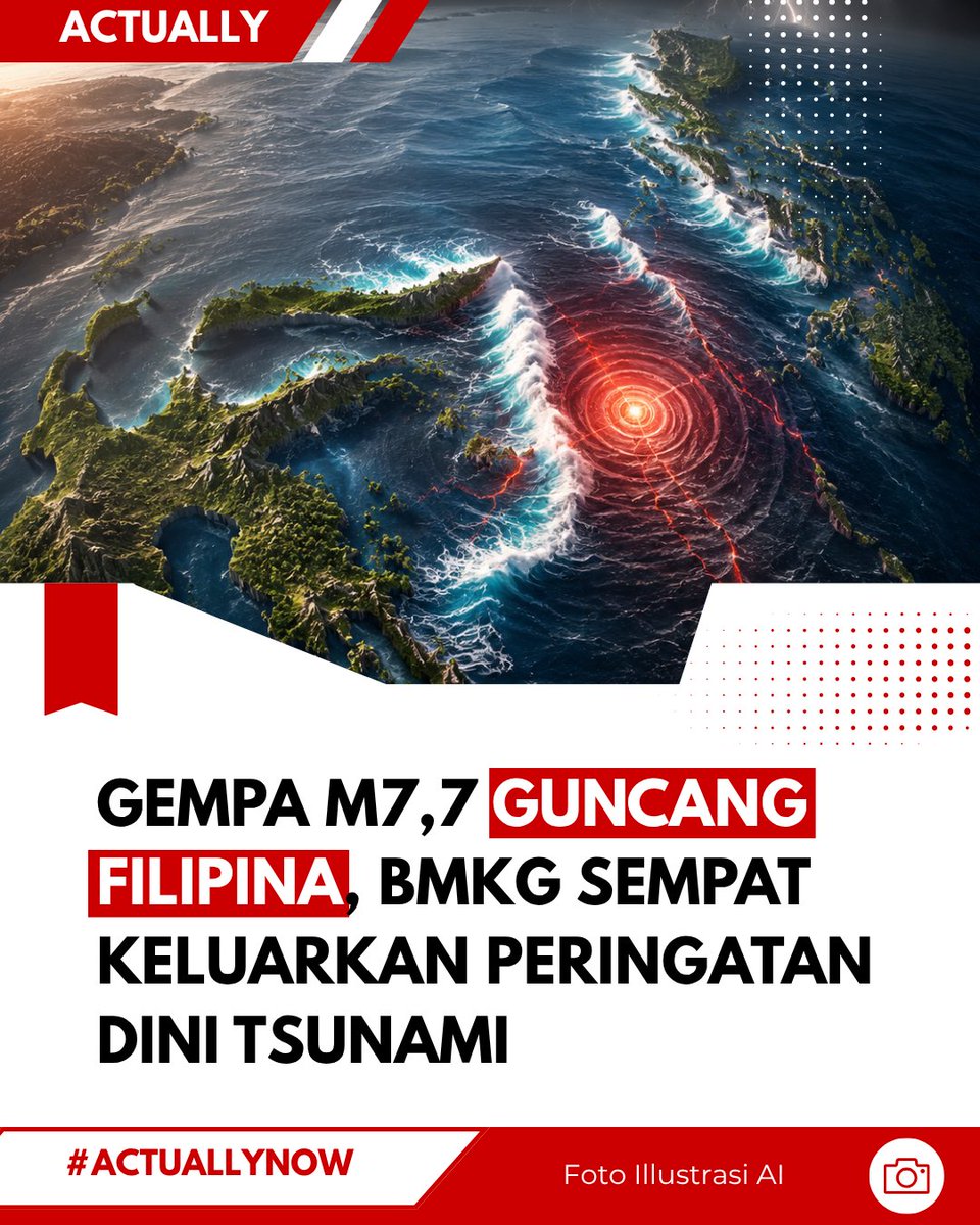 actually_id's tweet photo. Gempa M7,7 mengguncang pantai selatan Mindanao, Filipina, pada 8 Juni 2026 pukul 06.37 WIB dengan kedalaman 47 km.

BMKG sempat mengeluarkan peringatan dini tsunami untuk sejumlah wilayah di Sulawesi yang dekat dengan pusat gempa. 

#filipina #gempa #sulawesi #bmkg #actuallynow https://t.co/MjZMeujrhl