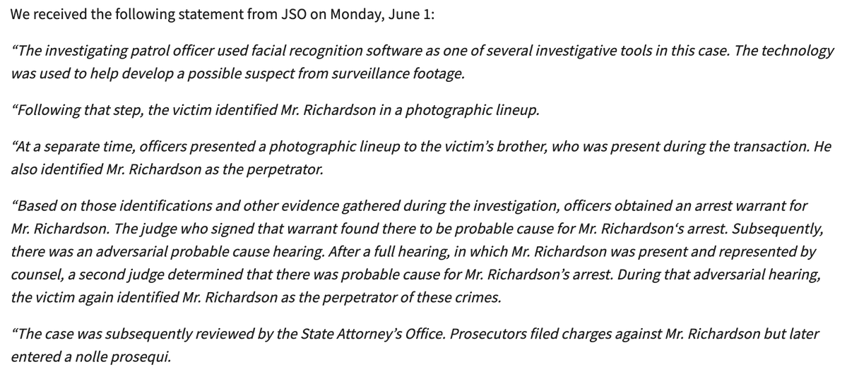 WesleyLowery's tweet photo. Looks like the deputy used A.I. to land on Richardson's photo, resulting in his photo being placed into a photographic lineup and then "identified" by eyewitnesses as the suspect. https://t.co/jxktXmY9tY https://t.co/4INjQUtFQZ