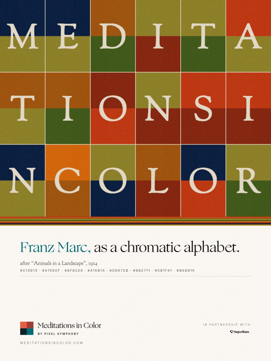 Pixel0Symphony's tweet photo. Meditations in Color arrives on @SuperRare on June 10.

At its core are eight drawing systems. Each begins with a historical painting, distills its palette, and translates it into a new geometric study.

A thread on all 8 systems and their corresponding source paintings 👇 https://t.co/yNlmGNDRkr