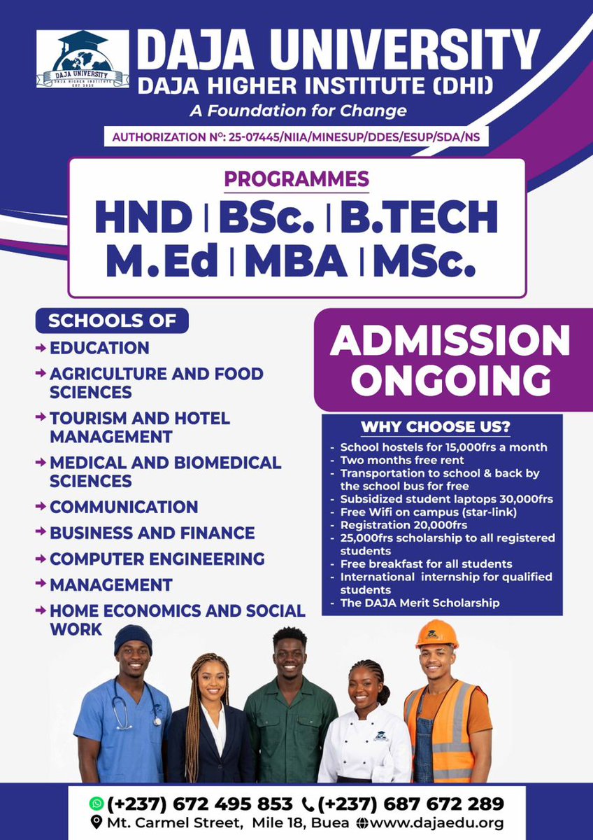 onlyezepraise's tweet photo. 🎯 Shape Your Future at Daja University / Daja Higher Institute (DHI)!

Are you looking for an institution that doesn't just offer a degree, but actively invests in your success, comfort, and career readiness?
Welcome to DAJA University, where academic excellence meets unprecedented student support. Authorized by the Ministry of Higher Education Authorization N°: 25-07445/NIIA/MINESUP/DDES/ESUP/SDA/NS, they are proudly a Foundation for Change.

Whether you are aiming for an HND, BSc, https://t.co/PBF9SGvhzW, M.Ed, MBA, or MSc, they have a specialized program designed to launch you into the global market.

 🚀 Why Choose Daja University? 

(The DAJA Advantage)
They believe higher education should be affordable, high-quality, and stress-free. 

Look at how they take care of our students:

 Financial Jumpstart: Get a 25,000 frs scholarship automatically upon registration, plus eligibility for the DAJA Merit Scholarship. 

 Unbeatable Housing: Modern school hostels for just 15,000 frs a month  and your first two months of rent are completely FREE!

 Free Daily Commute: Save money and arrive safely. Free school bus transportation to and from campus.

 Tech & Connectivity: Stay connected with Free Starlink Wi-Fi on campus and get a subsidized student laptop for only 30,000 frs.

 Student Wellbeing: Start your day right with Free breakfast for all students!

 Career Launchpad: Gain real-world experience with International internships for qualified students.

 📚 Specialized Schools Tailored for Tomorrow's Job Market. 

Explore their wide range of cutting-edge programs:

 Medical & Biomedical Sciences: Nursing, Midwifery, Physiotherapy, Pharmacy Technology, MLS, Healthcare Management.

 Business, Finance & Management: Accountancy, Banking & Finance, Marketing, Logistics & Transport Management, Project Management, NGO Management.

 Computer Engineering: Software Engineering, E-Commerce & Digital Marketing, Cyber Security/Networks, Database Management, Web Design.

 Agricultural & Food Sciences: Food Technology, Crop/Animal Production, Agro-Pastoral Entrepreneurship, Aquaculture.

 Tourism & Hotel Management: Travel Agency Management, Hotel Management & Catering.

 Education & Communication: Didactics, Educational Administration, Corporate Communication, Advertising & Public Relations.

 Home Economics & Social Work: Fashion & Textiles, Aesthetics, Beauty Care & Cosmetics.

📍 Secure Your Spot Today! Admission is ONGOING.

 Registration Fee: 20,000 frs

 Campus Location:

Mt. Carmel Street, Mile 18, Buea. 

 Website: https://t.co/mKQI6CtQXt

 📞 Contact / WhatsApp them to Register:

 (+237) 672 495 853
 (+237) 687 672 289
Invest in an education that cares for your future and your pocket. Join the Daja family today! 🎓✨