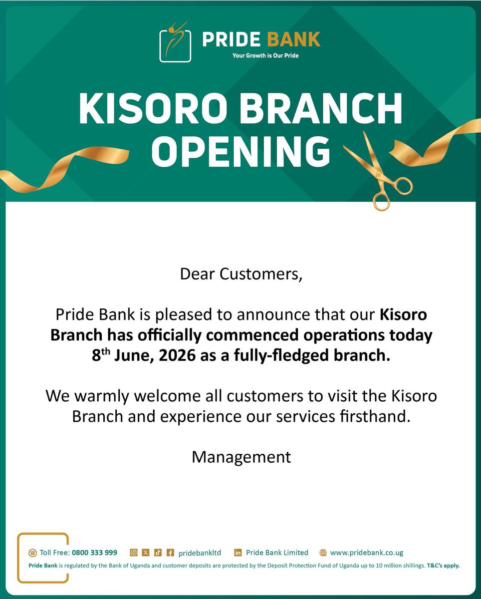 pridebankltd's tweet photo. Abanyakisoro, turikuza! 🥳
A new door opens and with it, closer access, easier service and a stronger presence for our customers in the region.
We’re excited to grow with Kisoro and can’t wait to serve you right where you are. 💚
#TakePride #PrideBank https://t.co/evCtKCPVQm