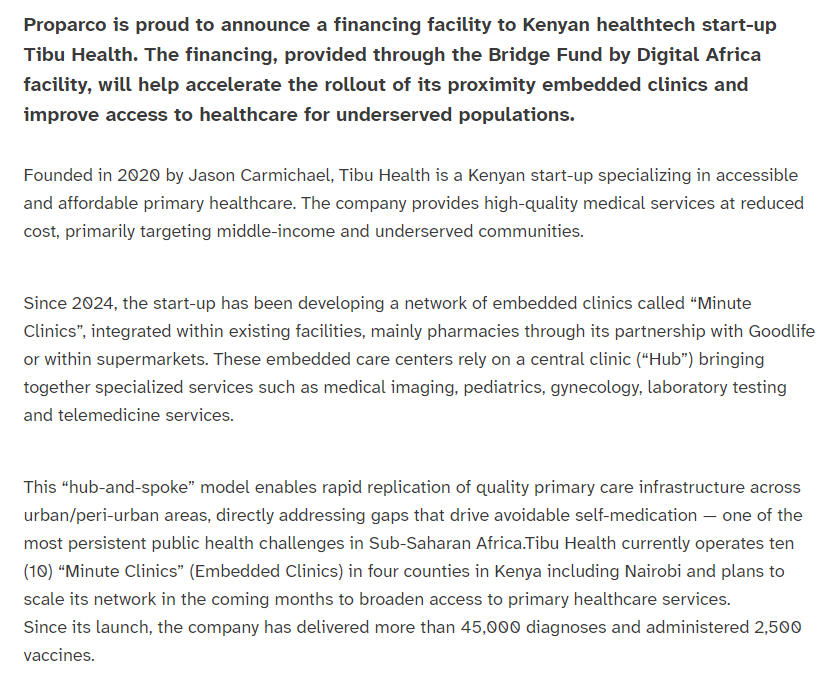PesaWall's tweet photo. Tibu Health has secured financing of undisclosed amount from Proparco to scale its clinic network. https://t.co/b3rJYXOqKw
