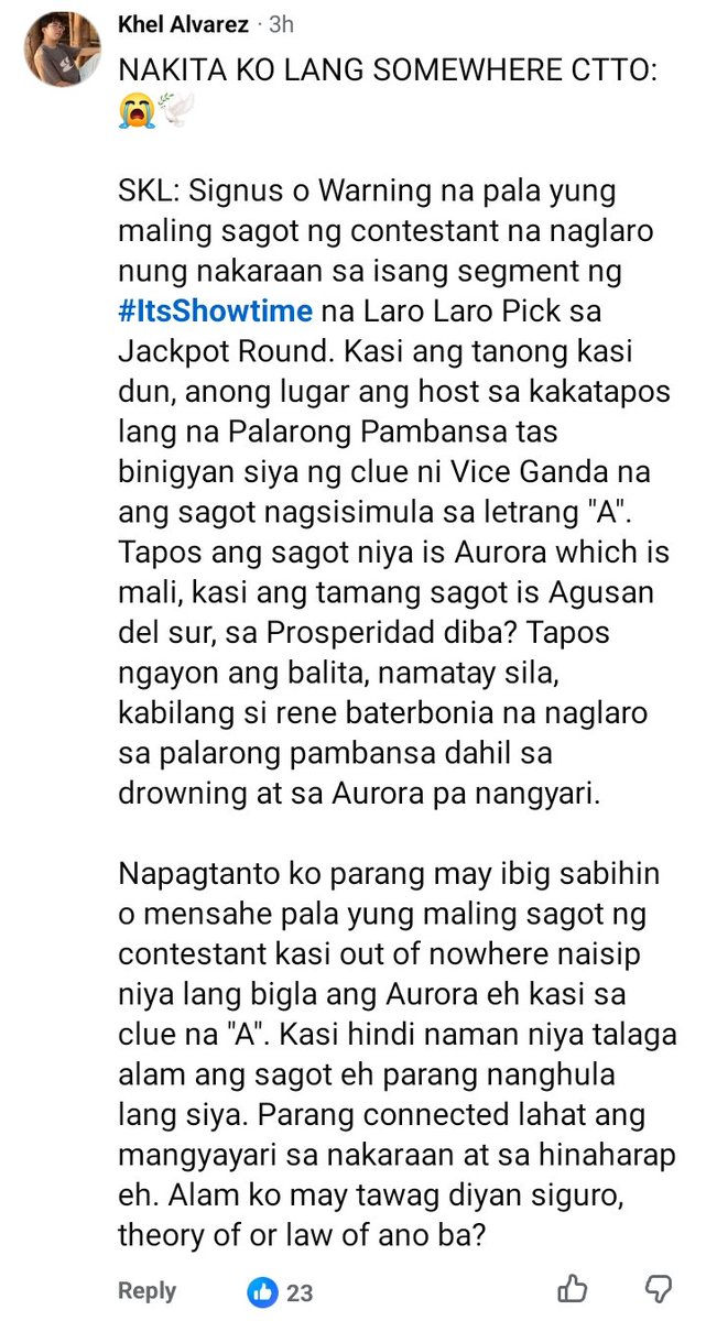 therealdwinsss's tweet photo. I just saw this comment and shet! Mga balahibo ko tumayo 😭 Si RENE BATERBONIA ay galing pa ng Palarong Pambansa tapos ang sagot ng contestan sa @itsShowtimeNa out of nowhere kasi literal naman talaga na di nya alam ang sagot kaya AURORA ang sinagot nya 🥺 https://t.co/BPvl8etmMA