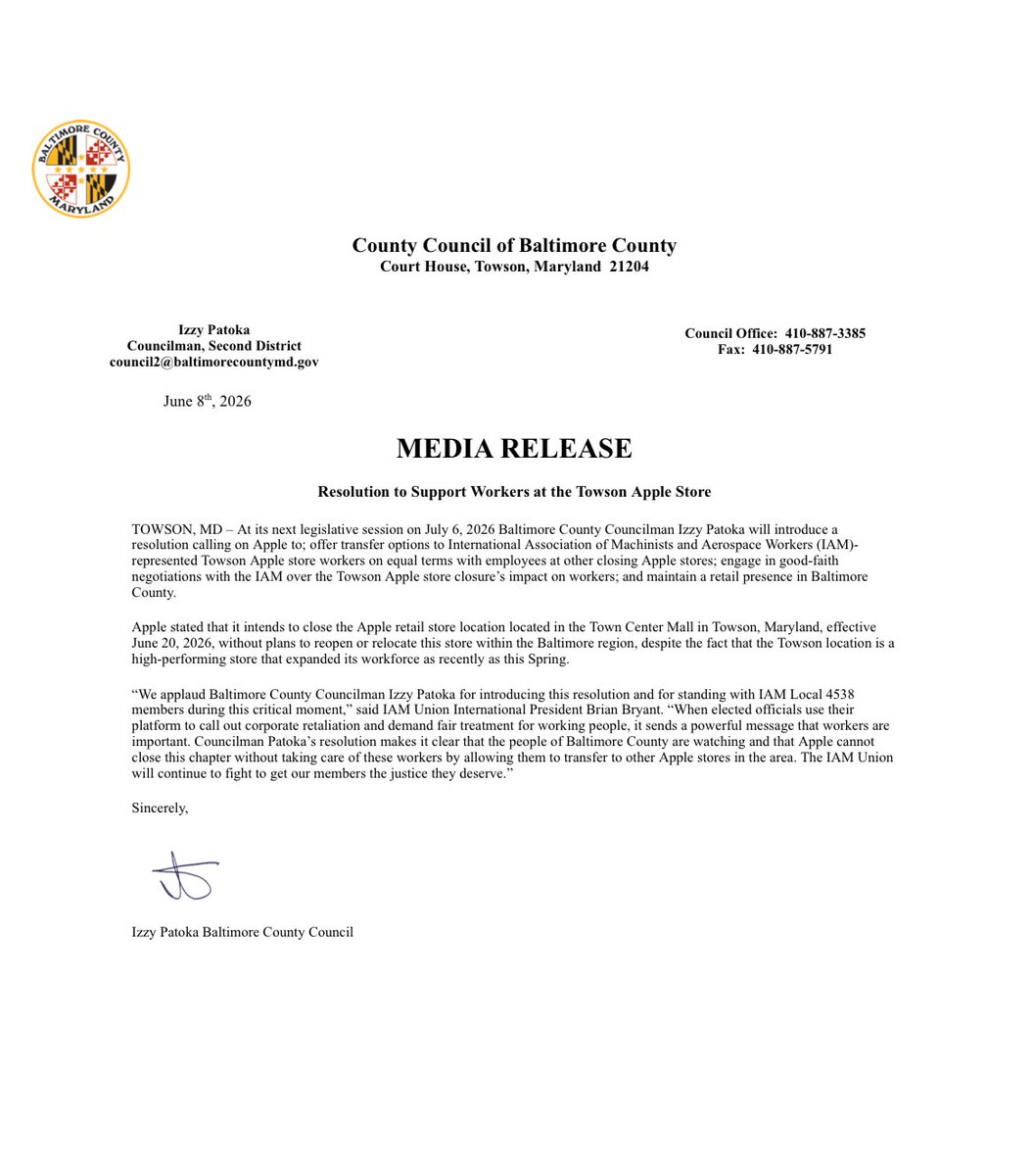 CouncilmanIzzy's tweet photo. At the County Council’s next legislative session (July 6), I will introduce a resolution calling on Apple to: 

1.) offer transfer options to Machinists Union represented Towson Apple store workers on equal terms with employees at other closing Apple stores

Full press release👇 https://t.co/xrnxaxrRhw