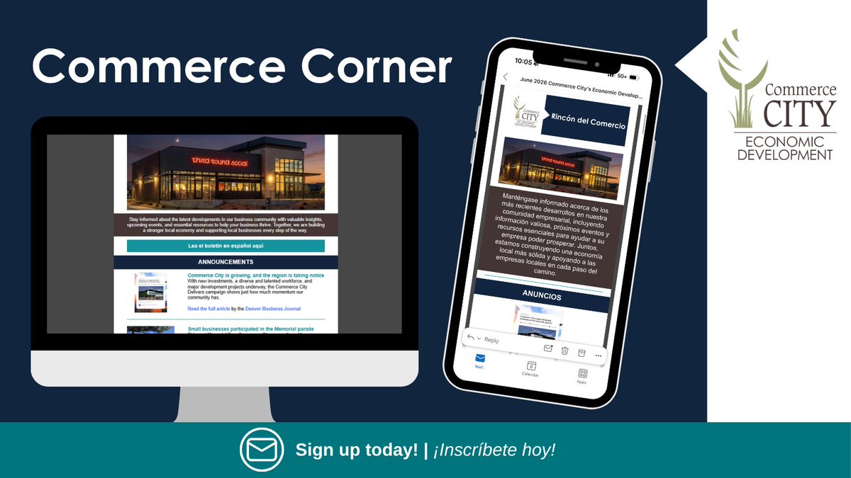 CommerceCityED's tweet photo. What's going on in the business community? Find out!

Tap to see the latest updates and opportunities shaping our community 📰
English: https://t.co/qYaxgie5hj
Spanish: https://t.co/wLFn1DYy5A

Sign up for the newsletter today at https://t.co/EPINIak2ls https://t.co/HdDrI81pdC