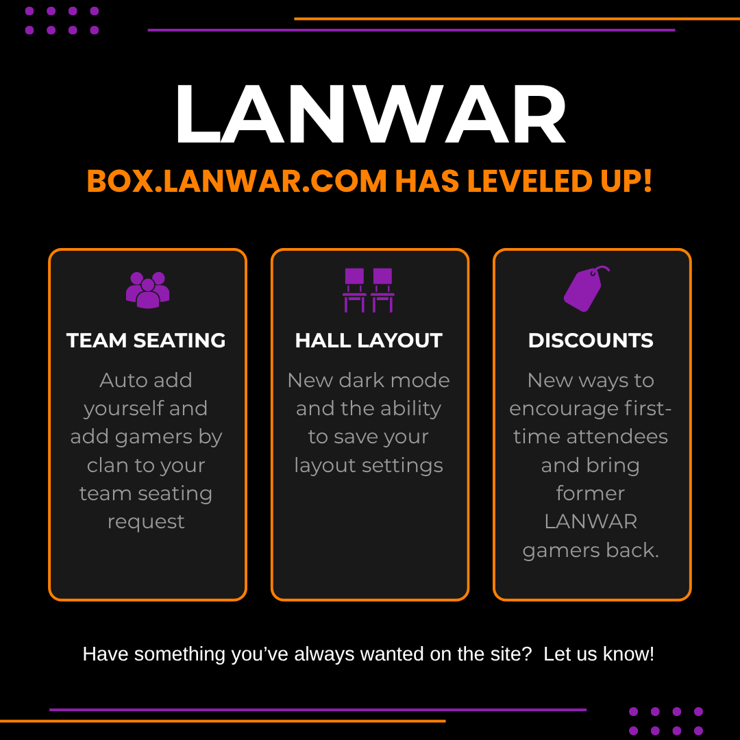 Lanwar's tweet photo. Check out the new updates on our website!! And, if you haven't signed up yet, now is the time!! Just over six weeks to go!

#lanwar #lanparty #lanwarnation #lanwar76 #gaming #louisville https://t.co/u7lpnE4EsX