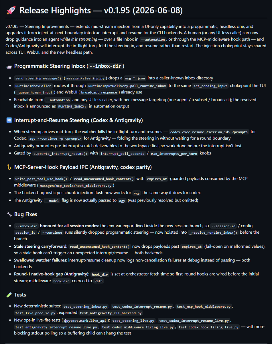 展示 Codex 和 Antigravity 的程序化 steering inbox 及 interrupt-and-resume 支持的发布说明截图