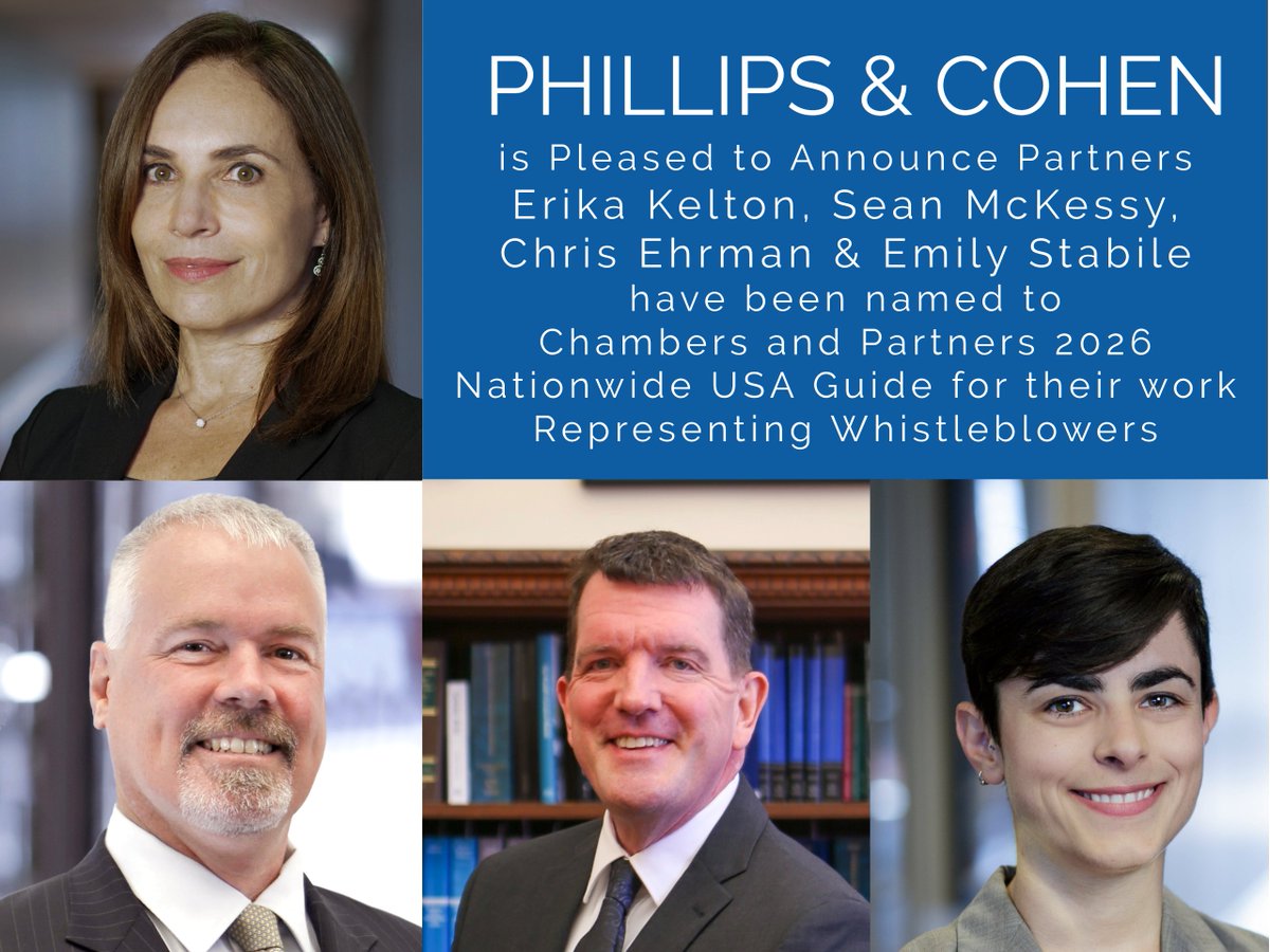 PhillipsCohen's tweet photo. Congratulations to P&amp;C partners Erika Kelton, Sean McKessy, Christopher Ehrman, and Emily Stabile for being named to Chambers and Partners 2026 list for Whistleblower Representation. https://t.co/SD4aQ0rBjh