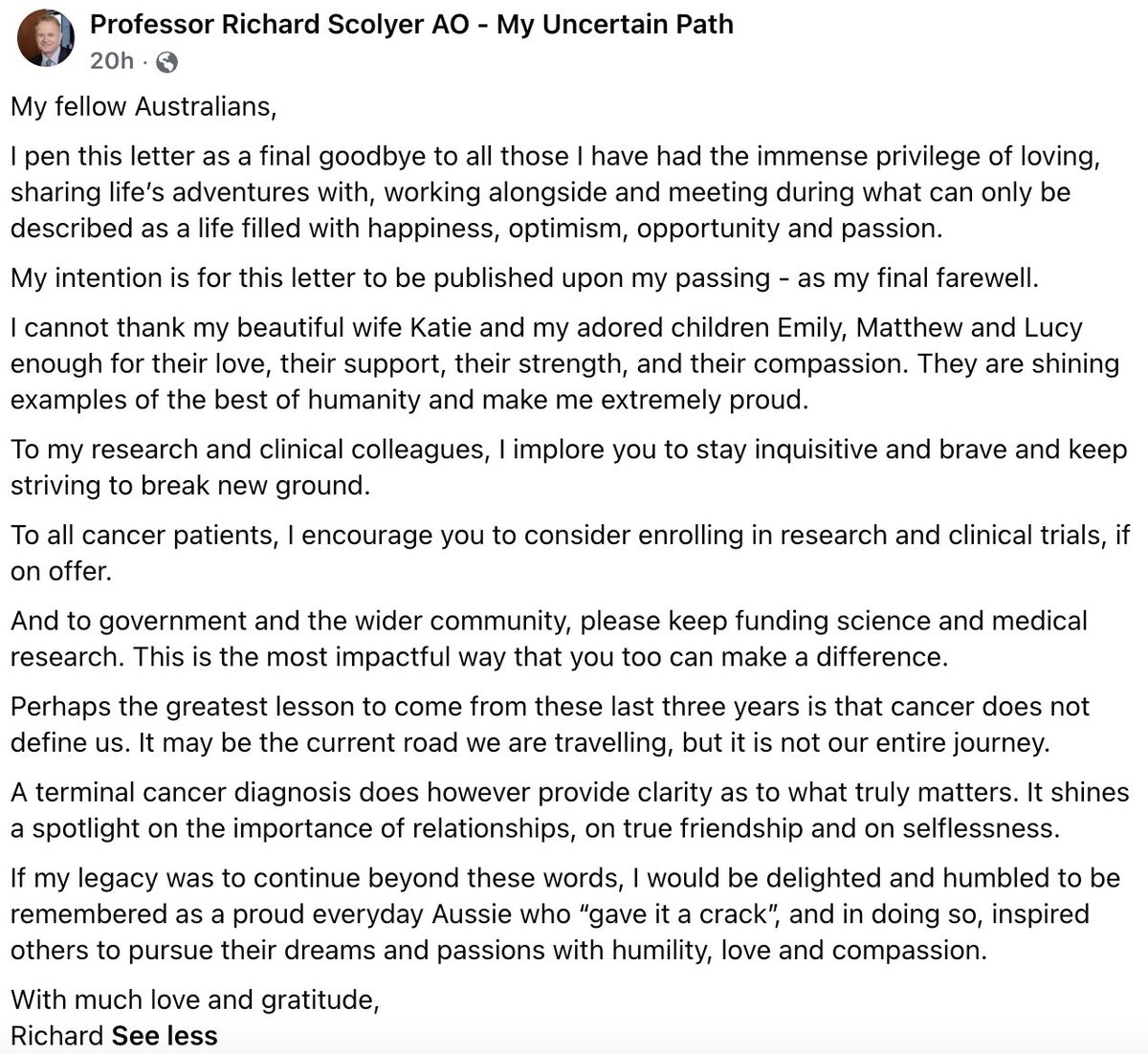 Kam_Dua's tweet photo. A truly humble soul, an exceptional human being, and a shining star of inspiring research. 
Professor Scolyer's courage, compassion, and dedication to advancing science have touched countless lives and will continue to inspire generations. Vale Professor Scolyer. https://t.co/ayagEXHyyR