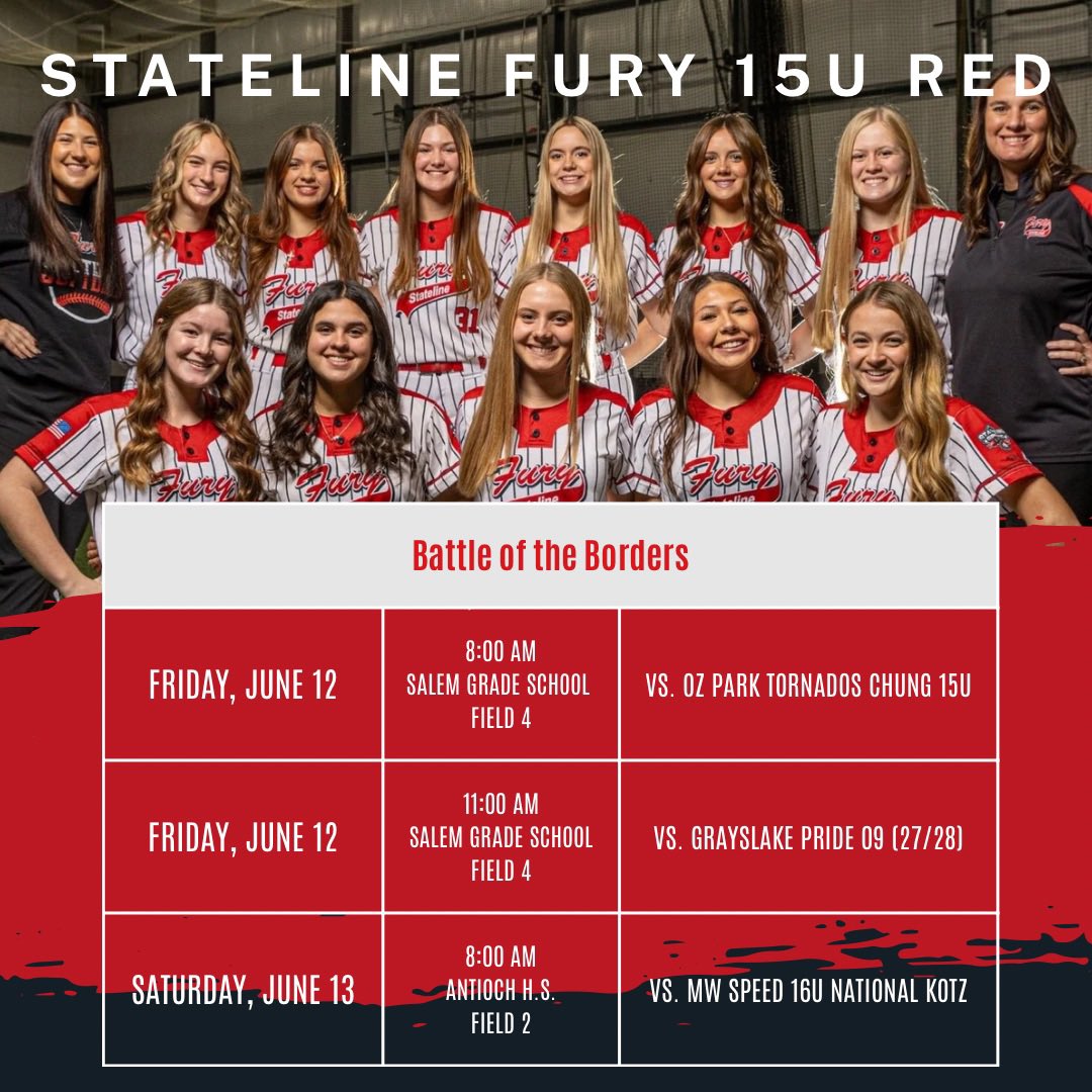 statelinefury15's tweet photo. Stateline Fury 15U Red is back in action this weekend for the first time since high school ball, and it’s a big one — Battle of the Borders! 😎

📍 Friday: Salem Grade School
📍 Saturday: Antioch High School

Let’s go, girls! ❤️🖤 https://t.co/rNCEKWtOFk