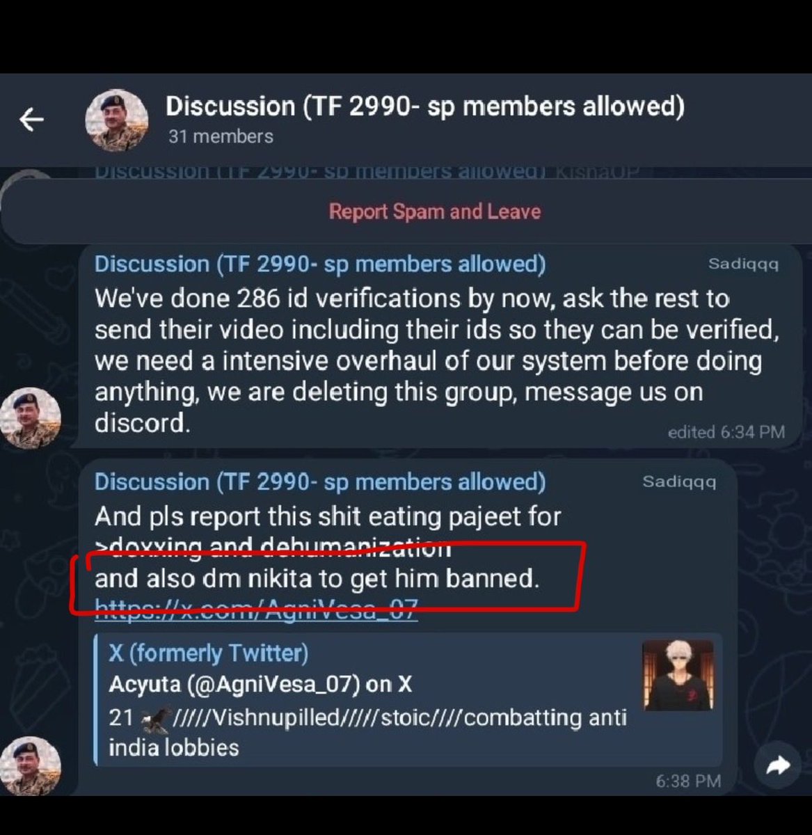 treatyoma's tweet photo. Bro @nikitabier you can’t stay silent on this.  

The entire Indian side of X is blowing up over the exposé of the TF-2990 syndicate running numerous Telegram groups to coordinate mass anti-India spam, dehumanization, algo gaming, and hate on YOUR platform.

It looks incredibly suspicious because what  exactly does “DM Nikita” mean here especially when a regular X user doesn’t have that option? Why does this syndicate think they have a *personal line to you* to silence an exposé?    

P.S.: The last image is still up on X as of 9:32 am pst 🫩🫩🫩