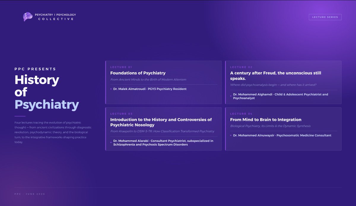 theppc_sa's tweet photo. History of Psychiatry — PPC Lecture Series

You cannot really understand a scientific theory without understanding its history.
— Karl Popper

Psychiatry is no exception.

Four lectures. Four speakers. One continuous arc — from the earliest conceptions of mental illness to the diagnostic revolutions of the 20th century, the psychodynamic tradition, and the biological and integrative frameworks that define the field today.

This series is built on a simple premise: knowing where psychiatry came from sharpens how you practice it. Not as a historical curiosity, but as context that makes clinical reasoning more grounded.

Starting 20 June 2026.

Details to follow.
Stay tuned ⏳️

#Psychiatry #MentalHealth #MedEd #PPC