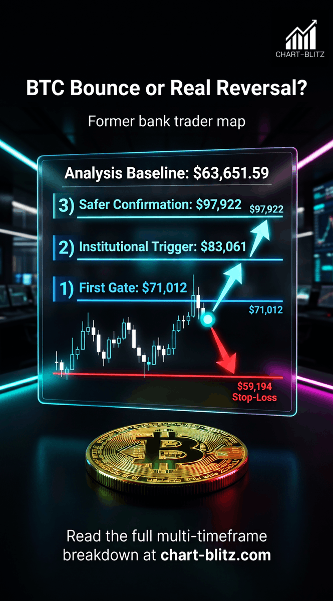 chartblitz's tweet photo. BTC bounced from $59K to $64K. Retail calls it a bottom. A former bank trader asks: why is price still below $83,061? Weekly lower highs remain. $97,922 is the higher-quality confirmation zone. . Full chart breakdown: https://t.co/rgzjnBKIFz#BTC #Bitcoin #SRFlip https://t.co/4Mj11ZGKJS