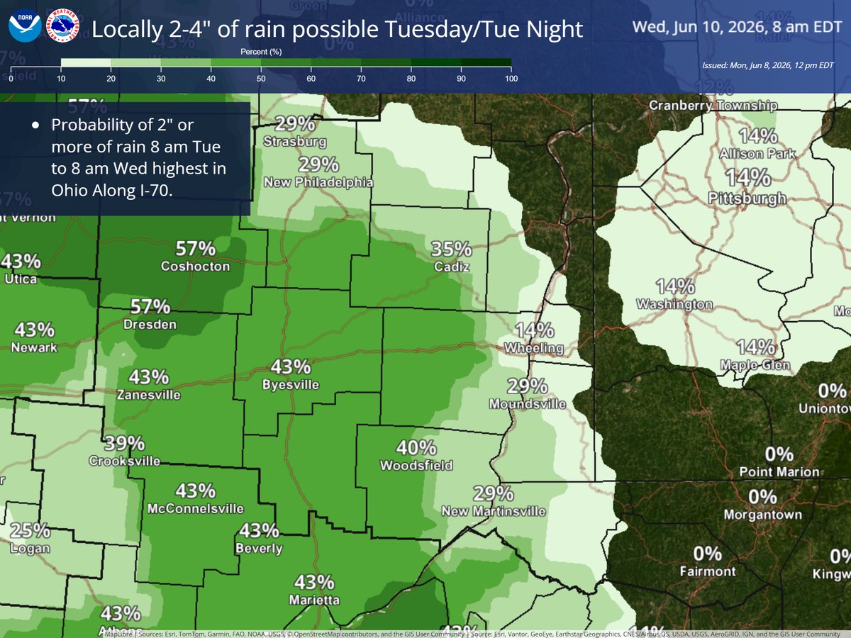 NWSPittsburgh's tweet photo. A warm and humid airmass moving into the upper Ohio River Valley Tuesday and Tuesday night has potential to produce spotty very heavy rainfall in a short period of time. https://t.co/XET3gXlpyB