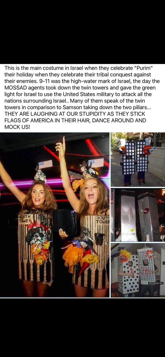 BKravty's tweet photo. @LauraLoomer Israeli holiday where the #1 costume mocks 9/11 on “Purim- the tribal conquest over our enemies” Iran chants death to America because america ad Israel has caused so much death in the Middle East since 9/11… does this make sense to you yet Larry? https://t.co/OcOVuZT1QY