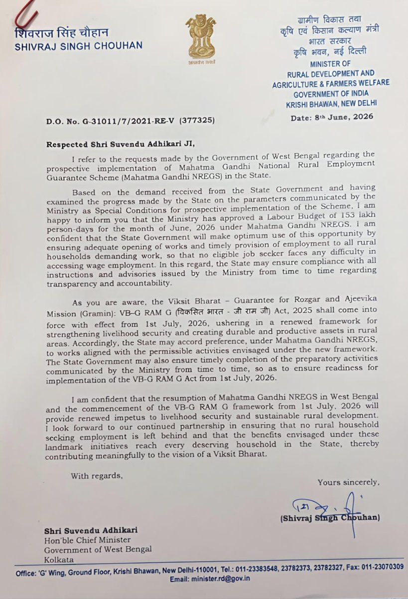cmowbgov's tweet photo. Grateful to Hon'ble PM @narendramodi &amp; UM @ChouhanShivraj Ji for approving 153 lakh person-days under MGNREGS for WB.Enforcing of VB-G RAM G also from 01.07.2026 in WB.This ensures adequate rural employment &amp; livelihood security for citizens of Bengal as we build a #ViksitBharat. https://t.co/mLJrFdrKWz