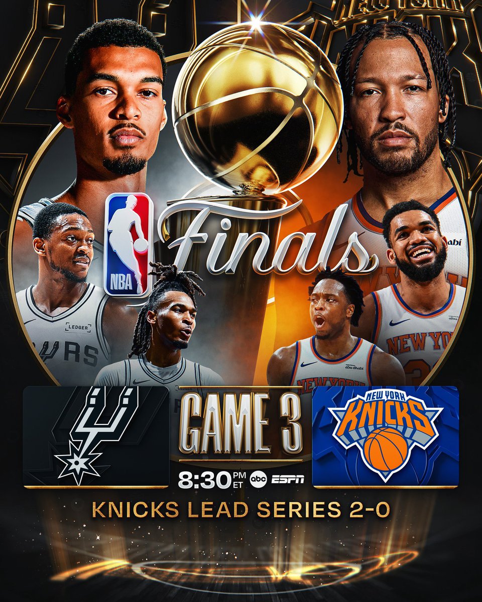 jerometoby3's tweet photo. 🏀 THE FINALS HIT NEW YORK TONIGHT 🍿

After a thrilling Game 2, Jalen Brunson dropped 20 points and 6 assists to help the Knicks secure their 13th consecutive playoff win.

Now holding a 2-0 series advantage, New York returns home as Madison Square Garden prepares to host its first NBA Finals game since 1999.

Spurs vs. Knicks — Game 3 tips off tonight at 8:30 PM ET on ABC & ESPN 🏆