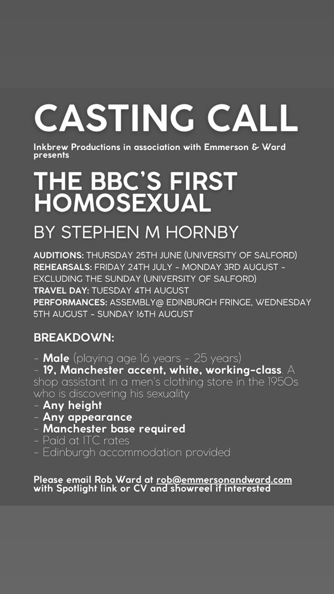 inkbrew's tweet photo. Casting call for our award-winning show “The BBC’s First Homosexual” at #edfringe2026 Assembly Crate George Square #castingcall #edfringe #bbcfirsthomo Closes 12th June at midnight https://t.co/HL6obCWaAn
