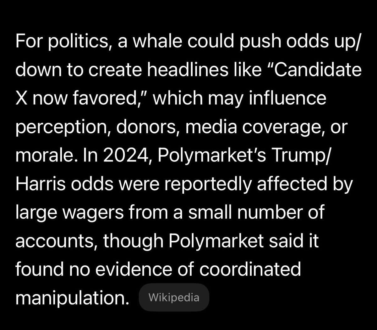 WRaroha1's tweet photo. @VividProwess Polymarket is easily manipulated by countries with lots of $( or individuals). I’m not sure why anyone follows it. This is the new “poll” system that is replacing the corrupt traditional political polling. https://t.co/pOtIgGk7Mw