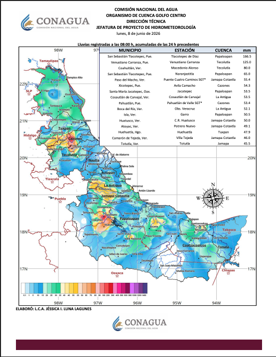 ConaguaOCGCtro's tweet photo. 🌧️ Registro de lluvias acumuladas

Compartimos el registro de lluvias acumuladas durante las últimas 24 horas en la región Golfo Centro. Se mantendrá la vigilancia sobre los niveles de los ríos y las condiciones meteorológicas en la región.   

⚠️Consulta fuentes oficiales https://t.co/2Q58cV08LD
