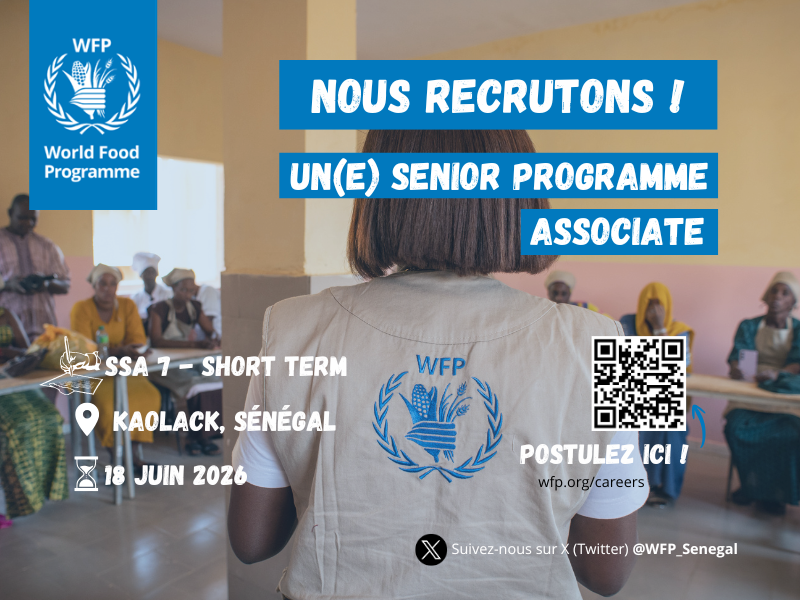 WFP_Senegal's tweet photo. Le @WFP_Senegal recrute un.e Associé.e Senior au Programme, basé.e à #Kaolack.  

🗓️Date limite de candidature: 18 juin 2026.

Ce recrutement est ouvert, en interne et en externe. 
🔗Externe ➡️ https://t.co/vGIke8lvQj
🔗Interne ➡️ https://t.co/L8kMUnk8K0

#Recrutement https://t.co/YmgnRGqbYK