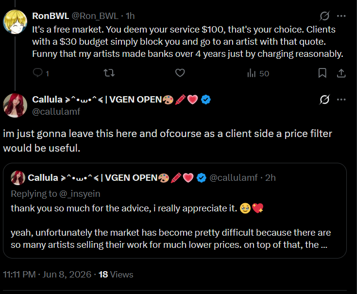 Ron_BWL's tweet photo. Instantly limit replies, typical X mentality lol.

Side note, Indonesian artists are thriving because they build loyal customers, not by charging outrage price. https://t.co/ycYKarerlP