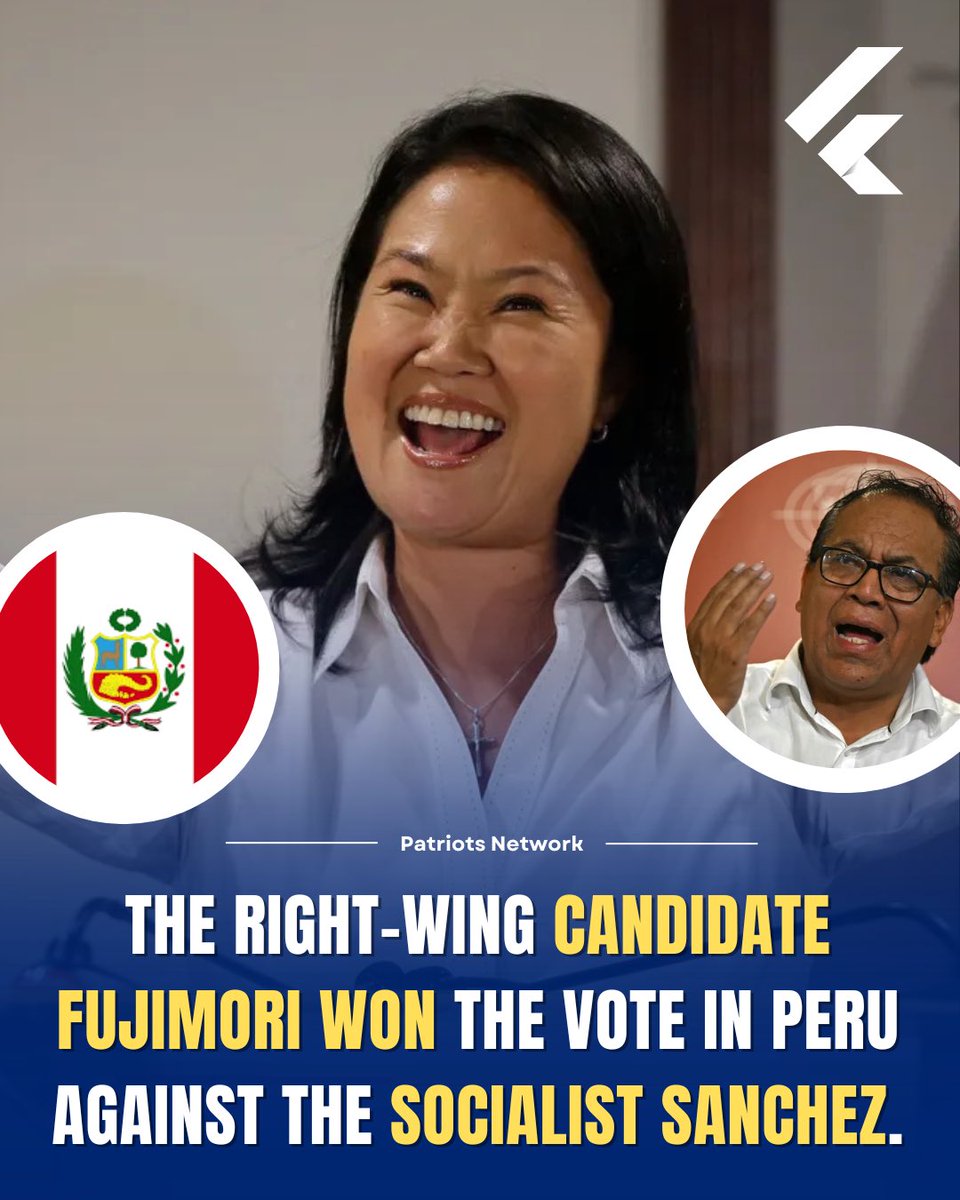 PatriotsNet_Off's tweet photo. Good news for Peru, which will be able to get out of socialism with the victory of right-wing candidate Fujimori. Patriotism is gaining everywhere in South America. https://t.co/XhWhNaugJu