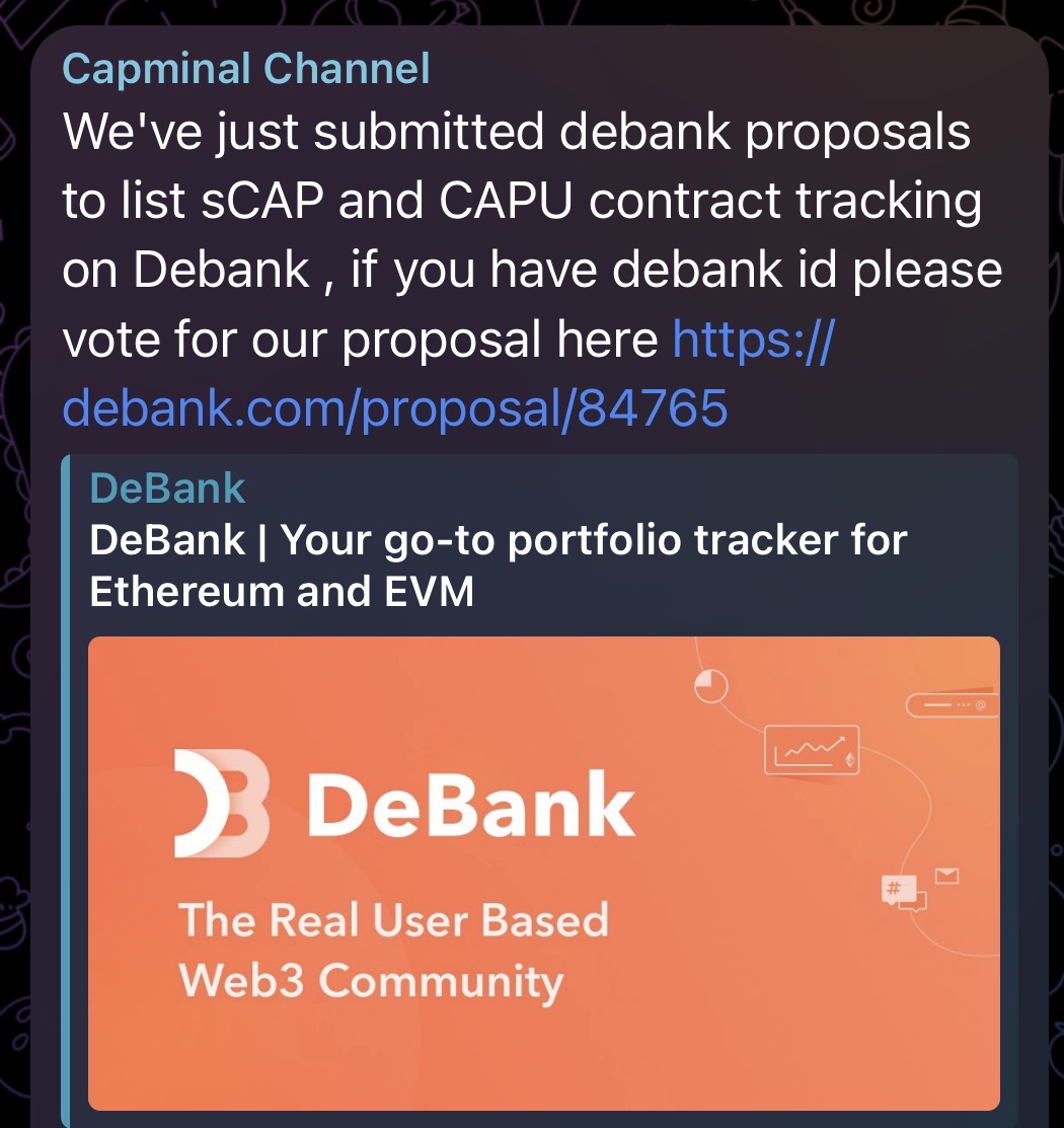 Capminal's tweet photo. We've just submitted list $CAPU on @coingecko 🔥

We also created a proposal on @DeBankDeFi to track sCAP and CAPU staking, call for people who has DeBank ID give us a vote 🫡

→ https://t.co/VKyB9UPI83 https://t.co/WfuqtTcQJV