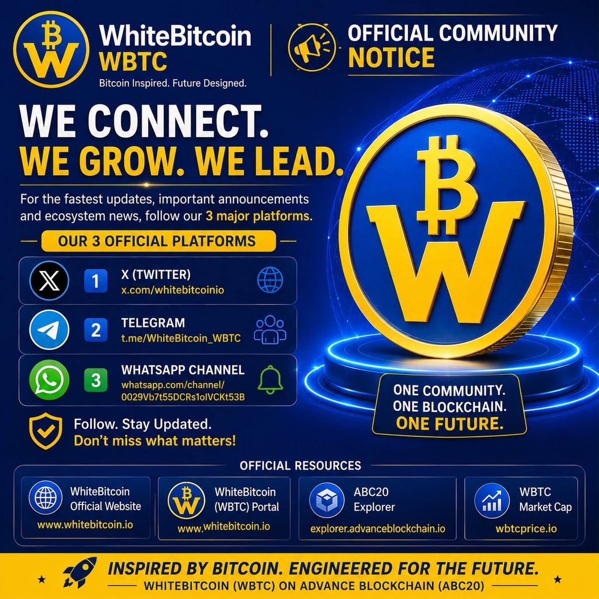 WhitebitcoinIo's tweet photo. Official Community Update

Stay connected where the future is built.

For the fastest WhiteBitcoin (WBTC) updates, ecosystem news, CTE announcements, and Advance Blockchain (ABC20), follow

📢 Telegram: https://t.co/VeH4bDu9Rp

📲 WhatsApp: https://t.co/t2wSNRu3Vv

#WhiteBitcoin https://t.co/hYua2Svhtg