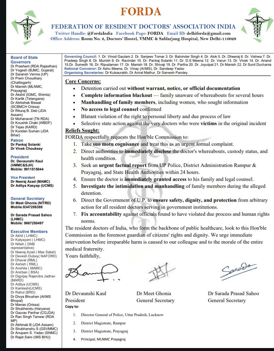 FordaIndia's tweet photo. Resident doctor reportedly taken without warrant, notice, or official disclosure. Family remains uninformed &amp; his whereabouts are unclear

If true, this is a serious violation of personal liberty and due process

FORDA has approached @India_NHRC seeking urgent intervention

@ANI https://t.co/AVzoW9Y0C0