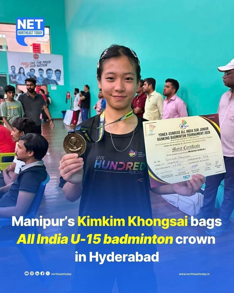 Beck_Eimi's tweet photo. #Manipur
Kimkim Khongsai,a young badminton star who was displaced from Imphal during the Manipur conflict, has once again brought pride to the state by winning the U-15 Singles and Mixed Doubles titles at the Yonex-Sunrise All India Sub Junior National Ranking Tournament 2026.
Kimkim’s journey reflects extraordinary resilience, determination, and talent in the face of adversity.She clinched the Under-15 Girls’ Singles title and further showcased her versatility by partnering with Liansangpuia of Mizoram to secure the Mixed Doubles gold medal.
Kimkim Khongsai has been achieving notable success for several years:
In 2022,she gained attention after winning multiple women’s titles at the Manipur Hill Districts Badminton Championships at just 11 years old, earning the nickname “Saina Nehwal of Kangpokpi.”  ￼
In 2024,she reached the Girls’ Doubles final at the Yonex-Sunrise All India Sub-Junior (U-13) Ranking Tournament in Dibrugarh.  ￼
In 2025,she won a silver medal in Girls’ U-19 Singles and bronze medals in Girls’ U-19 Doubles and Mixed Doubles at the Yonex-Sunrise North East Zone Inter-State and Zonal Badminton Championship in Tripura.She was also named “Most Amazing Player of the Tournament.”  ￼
Later in 2025,she won both the U-15 and U-19 Girls’ Singles titles at the Winter Juniors Open Badminton Jamboree in Nagaland.  ￼
In 2026,she captured both the U-15 Girls’ Singles and U-15 Mixed Doubles gold medals at the Yonex-Sunrise All India Sub Junior National Ranking Tournament in Hyderabad.
Kimkim’s latest triumph is the culmination of years of hard work and consistent excellence. 
From being hailed as the “Saina Nehwal of Kangpokpi” at a young age to winning medals at regional and national-ranking tournaments,the young shuttler has steadily established herself as one of the Northeast’s most promising badminton talents.